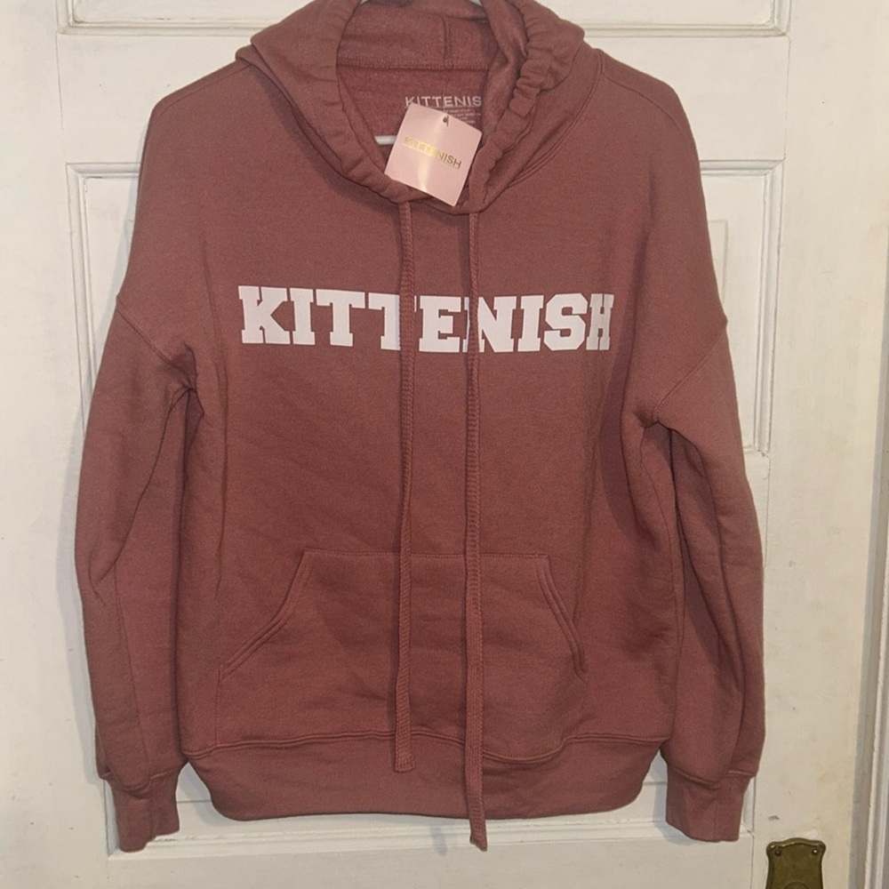Kittenish Graphic Print Hoodie Sweatshirt Mauve Pink Fleece Long Sleeve Pullover